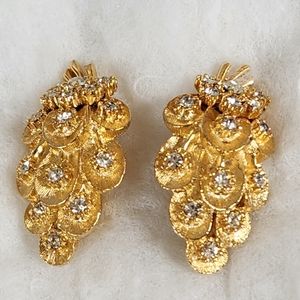 Vintage Clip On Earrings Gilded Strawberry Rhinestone Sparkle Unsigned Gold Tone